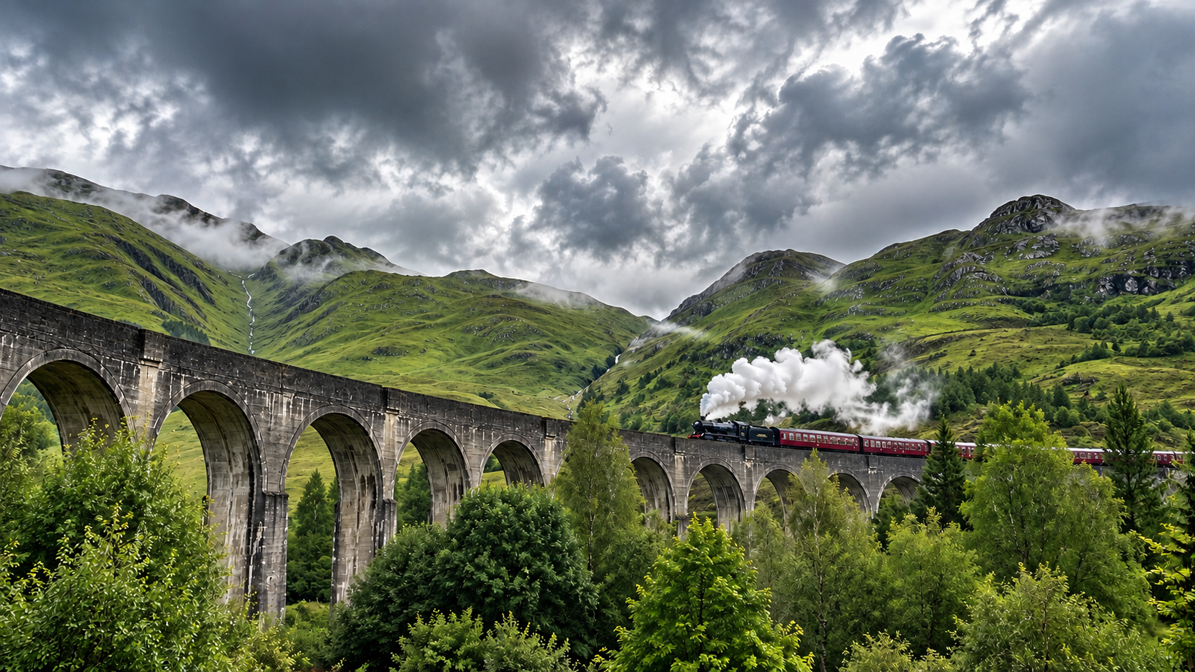 Steam train crossing a stone viaduct in the Scottish Highlands